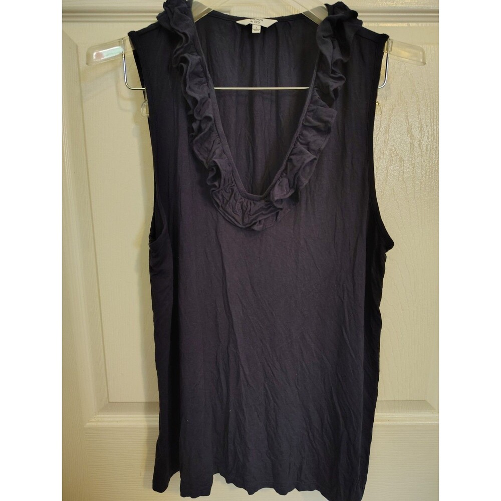 Crown & Ivy Women’s Navy Solid Ruffle V-Neck Sleeveless Pullover Blouse L